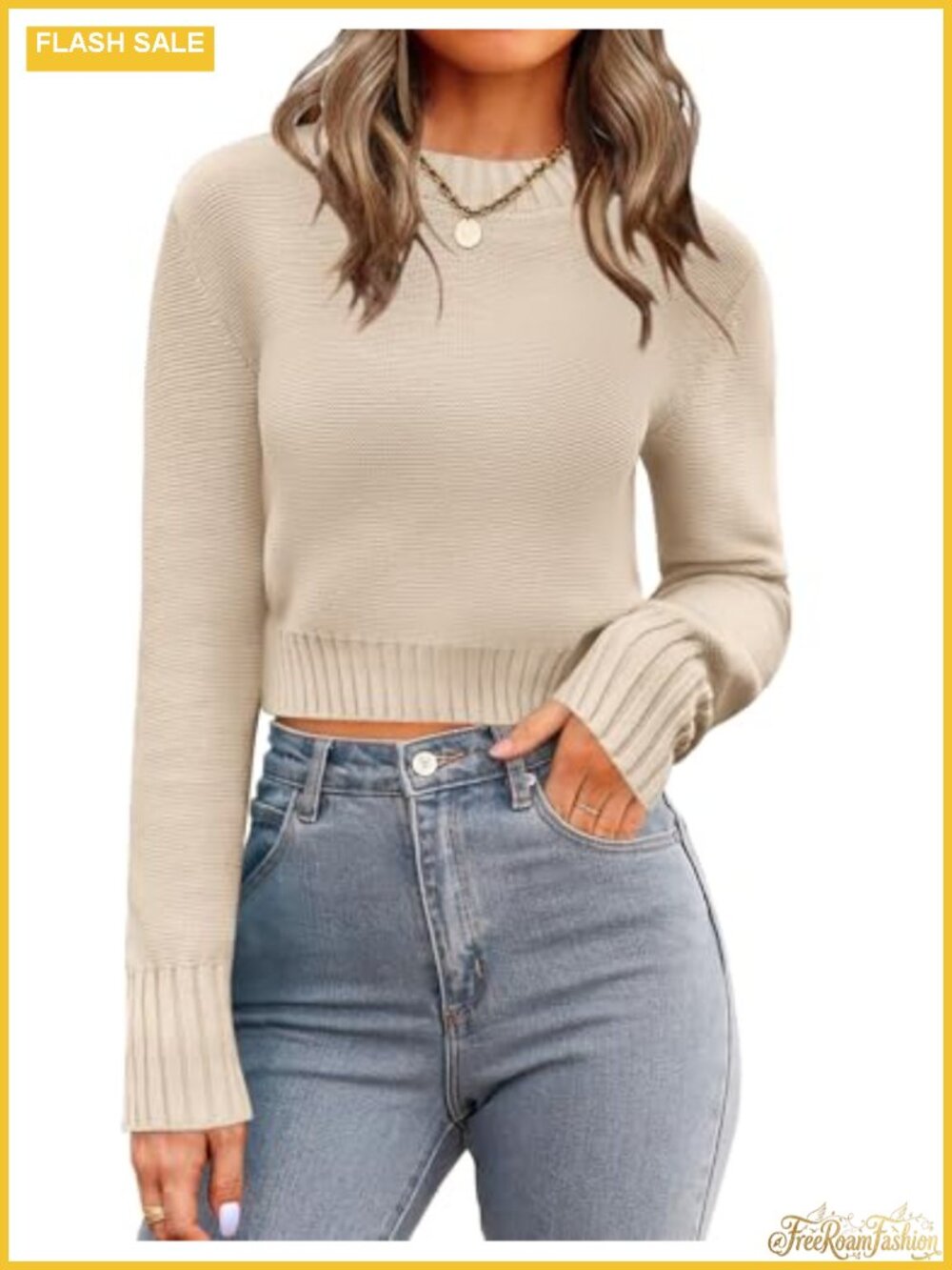 Zeagoo Women's Cropped Crewneck Long Sleeve Knit Sweater Pullover Top